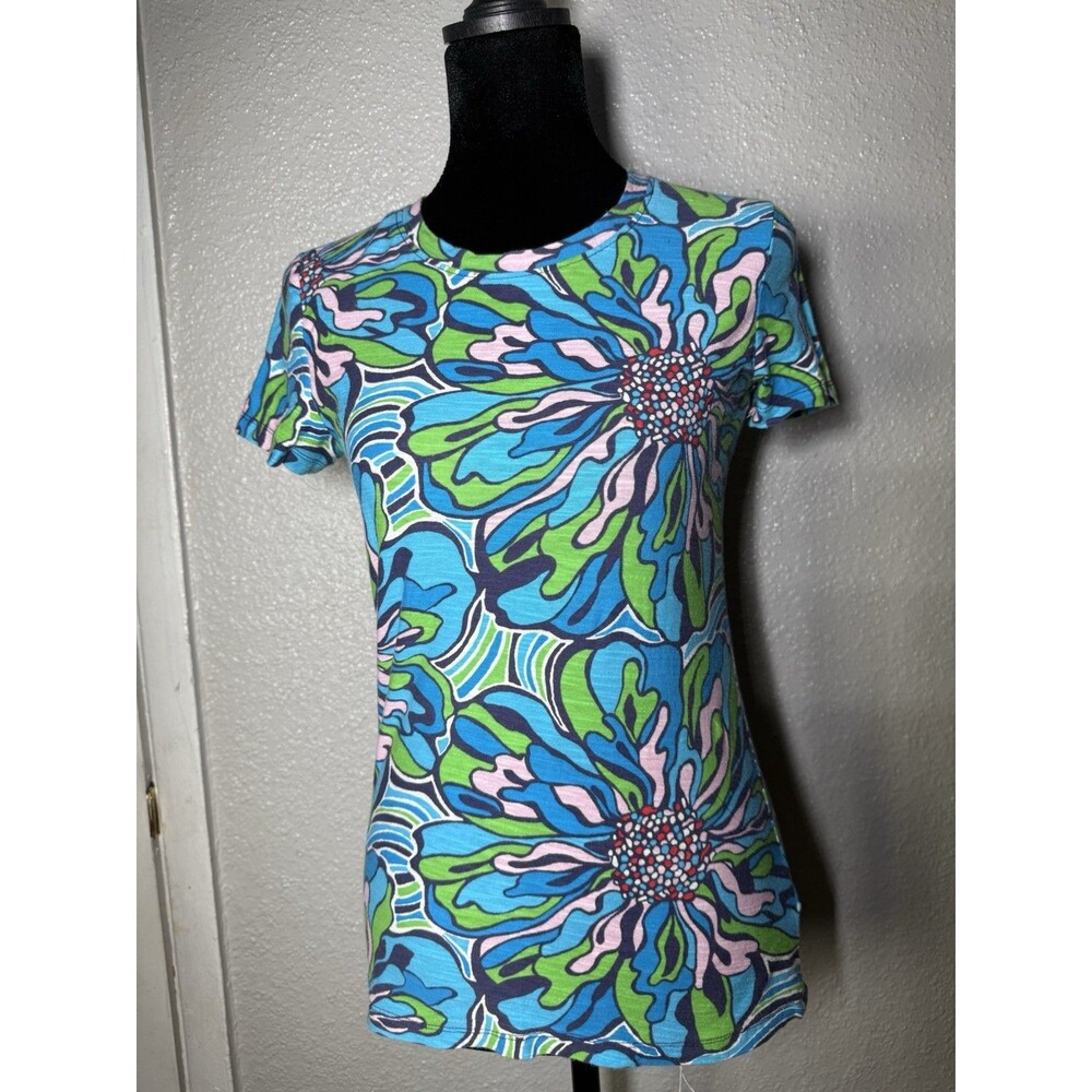 lilly pulitzer womens top floral blue green pink cotton size s